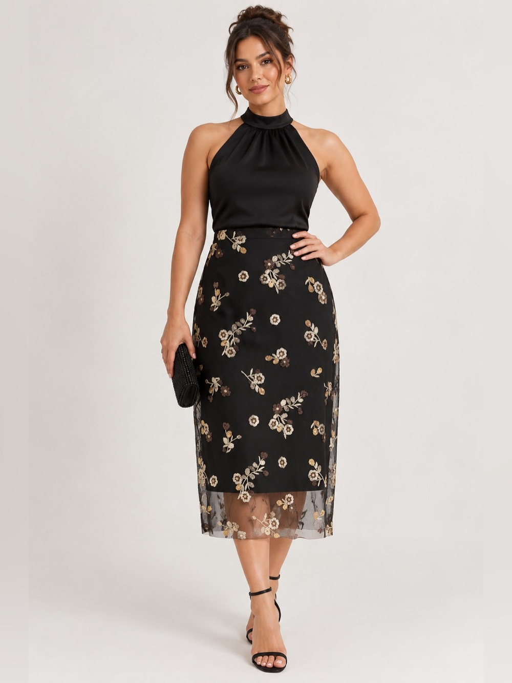 b.young Renaz Floral sequin Pencil Skirt in Black & Gold